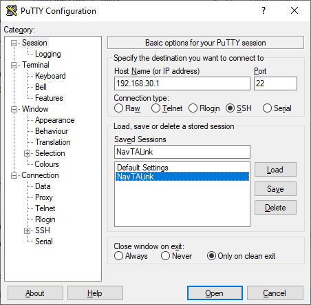Окно сессий в PuTTY